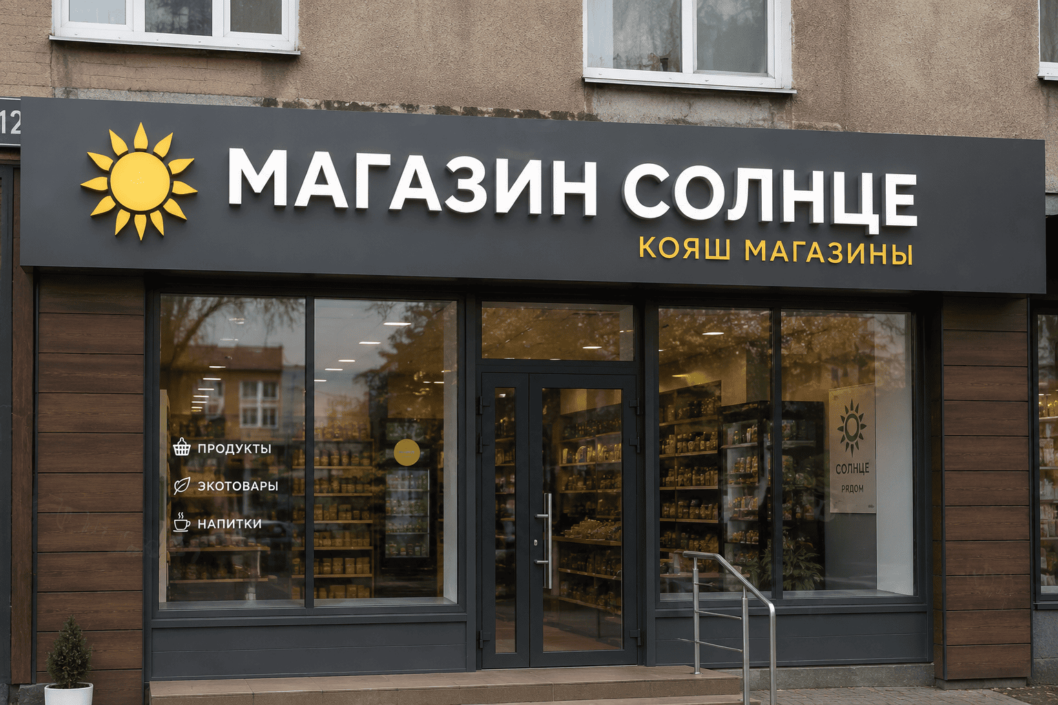 вывеска на русском языке с дополнительной надписью на региональном языке